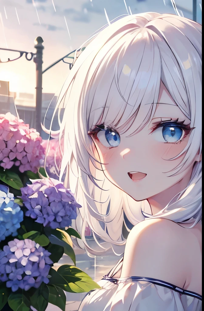 Masutepiece, Highest Quality, (Perfect face:1.1), (high detailing:1.1), (ultradetailed eyes), Dramatic,superfine illustration,Extremely detailed,1girl in,teenager,(pale skin),(long white hair:1.4),Ethereal eyes,Blue eyes, With eyes highlights,Solo,Smile,Happy,Laugh,Enjoy, Open mouth,Pouty lips,Cinematic lighting, Cowboy Shot,whitedress, off shoulder,outdoor,rainy, hydrangea