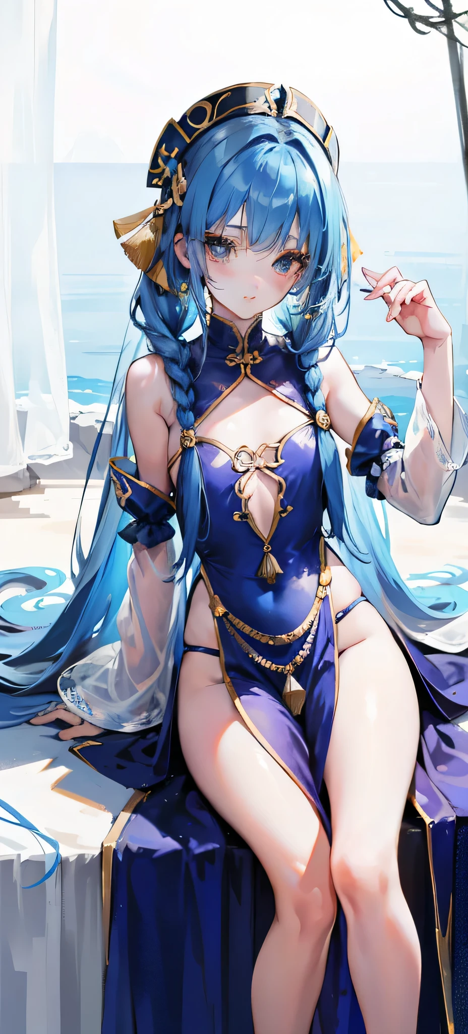 Blue long hair，Scorpion-tailed braids，Put on the clothes of the little dance of Douluo Continent，Is a beautiful and sweet girl Koser，（whole body）