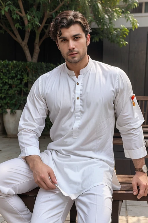 A Handsome hot gay man with gray eyes, curly hairs, White colour skin, clean shave and sitting on the banch wearing Pashton outfit