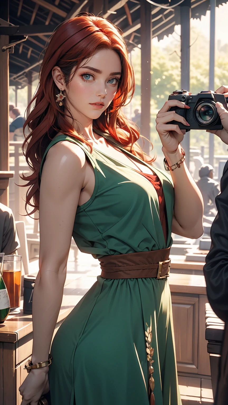 High resolution, (The finest details) (highest quality), Redhead woman with long red hair and green dress taking a photo, Mature and gorgeous, Natural light and shadow