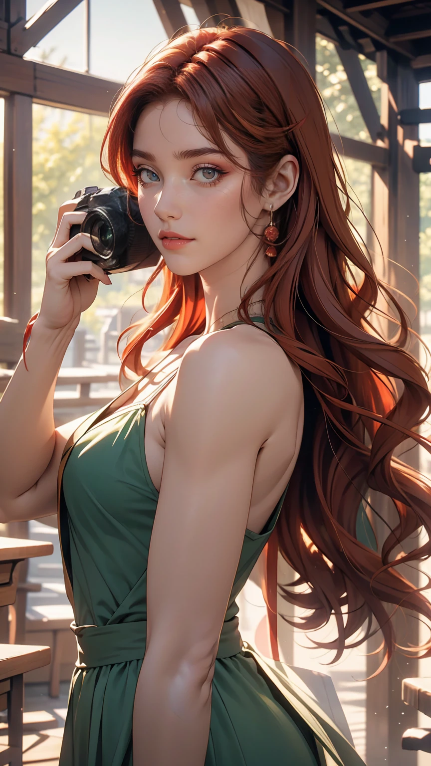 High resolution, (The finest details) (highest quality), Redhead woman with long red hair and green dress taking a photo, Mature and gorgeous, Natural light and shadow