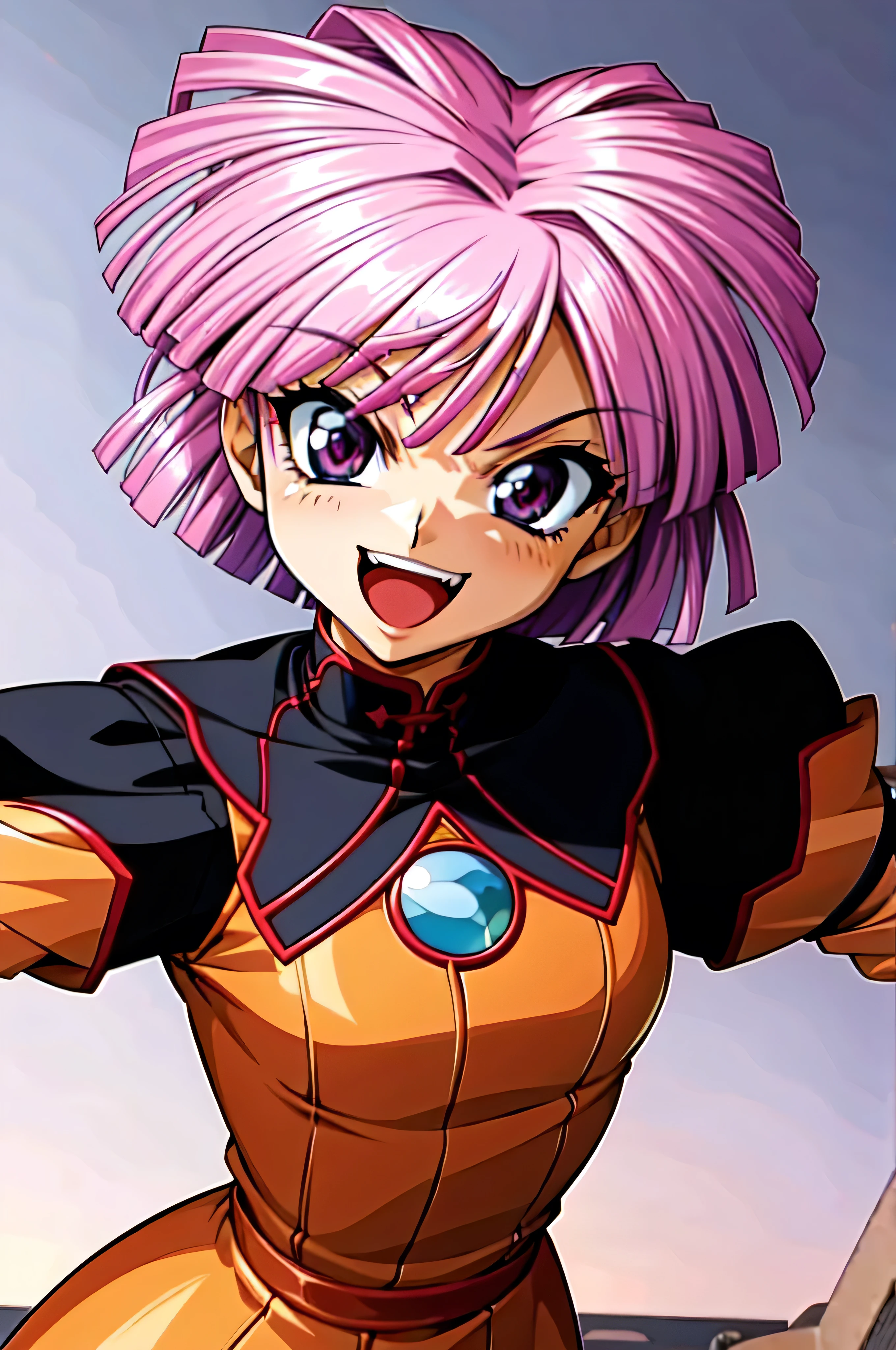 (best_quality 4K, 8K, High resolution, Masterpiece: 1.2), ultra detailed),from_below,(anime_screencap),(1girl,solo),dynamic_angle,very evil_smile,very evil laugh at,tis,shadeded_face,very sadistic,smile bad,,bob short hair,,black and pink background,