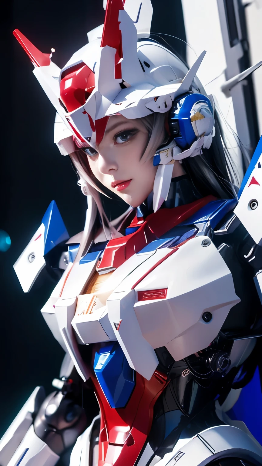 Textured skin, Super Detail, high details, High quality, Best Quality, hight resolution, 1080p, hard disk, Robot Girl,(Gundam Girl),beautiful cyborg woman,Mecha Cyborg Girl,Battle Mode,Girl with a Mecha Body,She wears a futuristic Gundam mecha,Fulll body Shot,Mobile Suit Girl