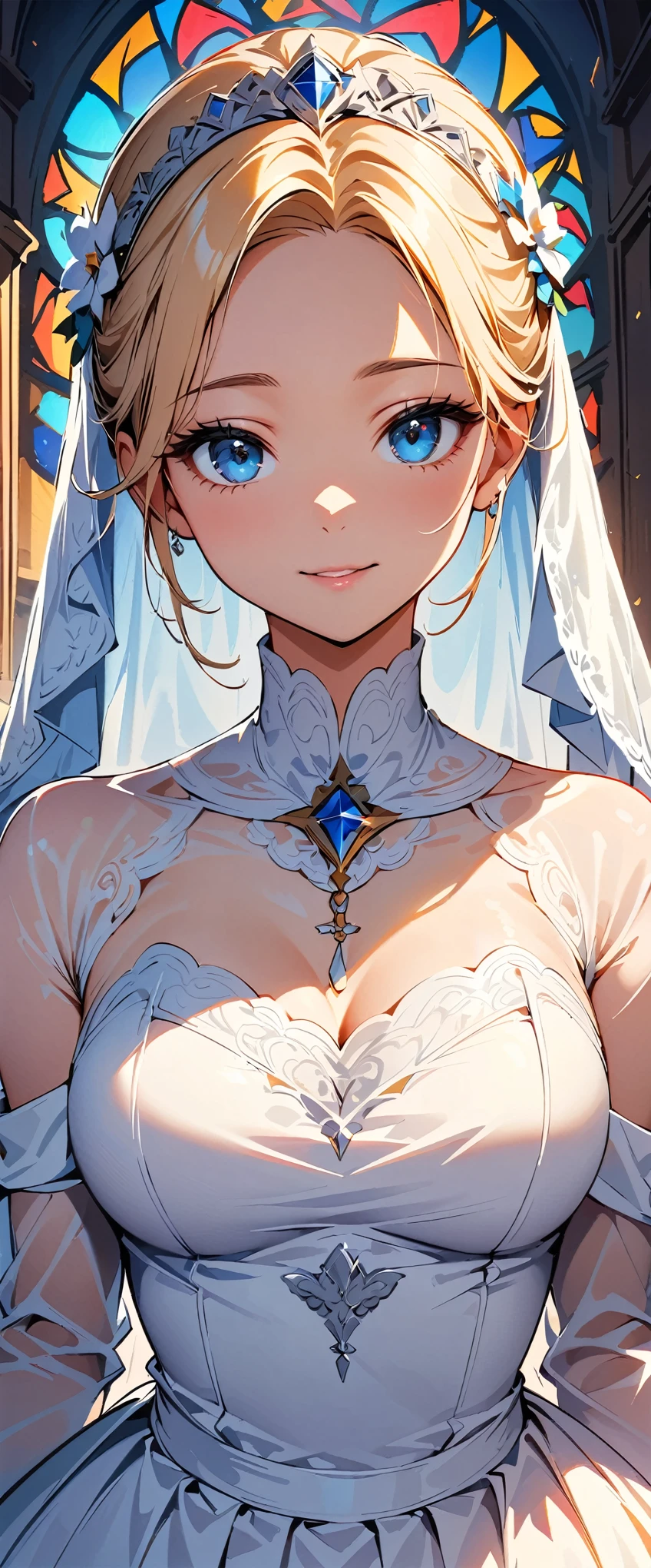 (highest quality, 4K, 8k, High Detail, High Contrast, High resolution, masterpiece:1.2), Very detailed, bride, Wedding dress, Beautiful fine details, Beautiful lip detail, Very detailedな目と顔, Long eyelashes, Calm expression, Face Up Shot:1.2, Soft lighting, Religious atmosphere, White Dress, White lace decoration, Lace and gathers, Sacred White Veil, Sheer dress, 美しいWedding dress, Sacred Sun, Sacred Space, Soft sunlight shining through stained glass, Angelic Being, Solemn ceremony, Faith and dedication, The silence of the church.