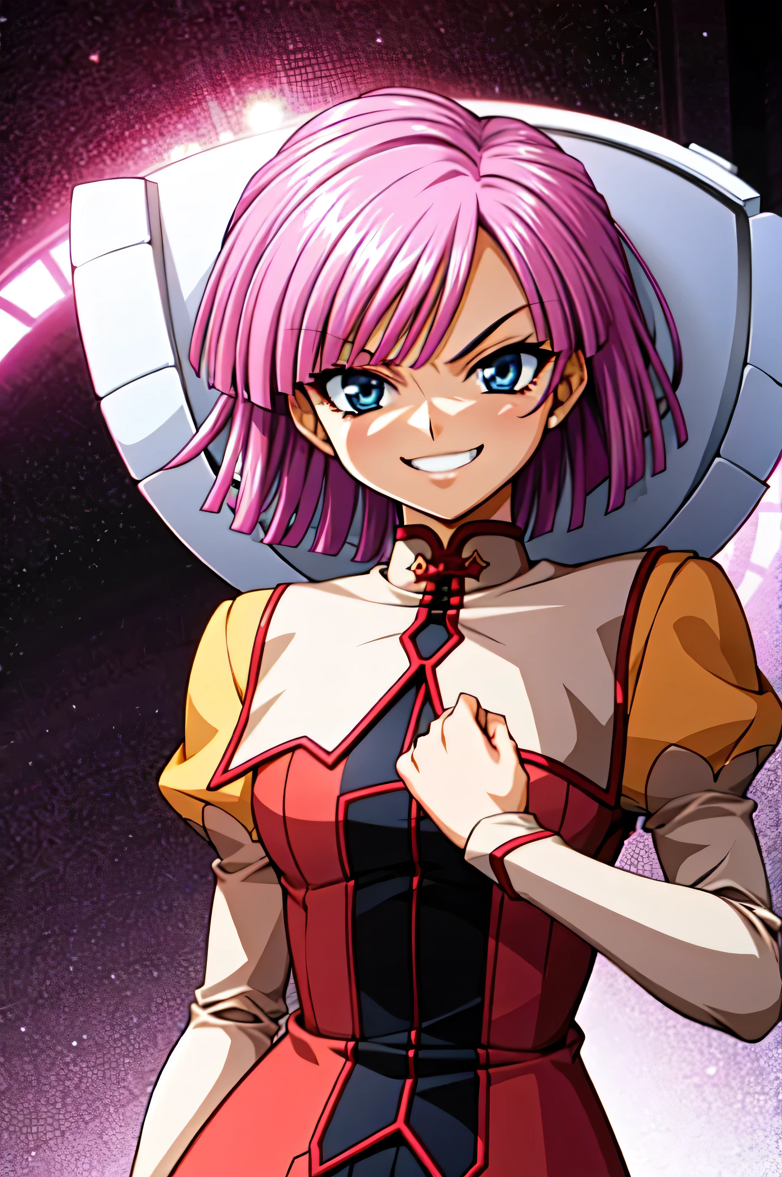 (best_quality 4K, 8K, High resolution, Masterpiece: 1.2), ultra detailed),from_below,(anime_screencap),(1girl,solo),dynamic_angle,very evil_smile,very evil laugh at,tis,shadeded_face,very sadistic,smile bad,,bob short  hair,,black and pink background,