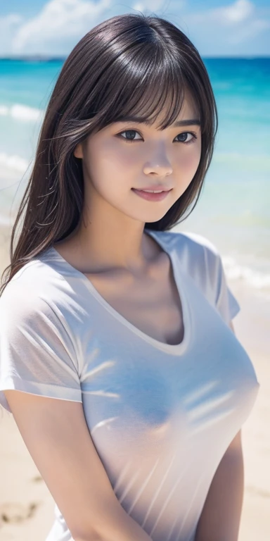 (RAW Photos: 1.2), (Realistic: 1.4), (highest quality: 1.4), Ultra-high resolution, (Fine Eyes、Heterochromia iridis),Nude Photos,Full body photo、Gravure photo,1. High school girl,(Large Breasts),You can see the chest、Black Hair,((PastelＶneckＴshirt)),Bright Eyes,Blushing,smile,Highly detailed face and skin texture, Healthy Skin,(Beach),8K resolution