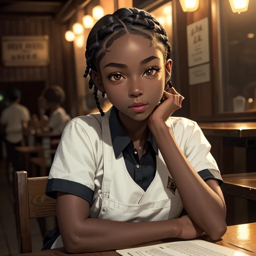 (masterpiece, best quality), deep ebony 1girl, beautiful face, short braids, tavern setting, dressed like a waitress , beautify, Lofi vibe, cute night vibe, concentrated, sitting, city wear, book over the table, hands outside of the picture,