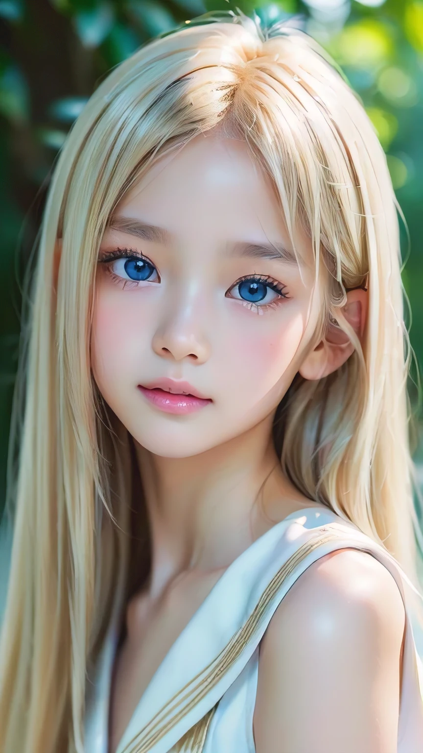 RAW Photos、((((Extremely beautiful portrait)))、(((Bright and fair skin))、1 girl、、Sailor suit、A 15-year-old pretty, bright, natural platinum blonde beauty.、((Gorgeous, natural, bright white platinum blonde))、Super long straight hair、Beautiful Bangs、[Attractive large bright blue eyes]、Smooth, thin and super long hair、Eyeliner、Hair between the eyes、smile、((masterpiece、最high quality、Ultra Detail、Film Light、Intricate details、High resolution、8k、Very detailed))、Detailed Background、8k UHD、Digital SLR、Soft Light、high quality、Film Grain、Fujifilm XT3、Shallow depth of field、Natural light、(Perfect hands)、Perfect beautiful face、Small Face Beauty、round face、Cheek gloss highlighter