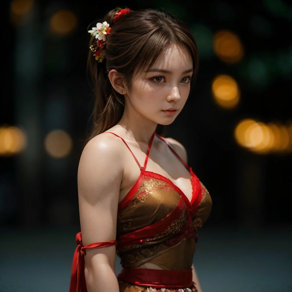 Kasumi, brown eyes, (best quality, ultra-detailed), (realistic:1.37), beautiful and detailed face, ultra-realistic texture, delicate face, delicate body, red lipstick, bright colors. High definition, 8K, well defined legs