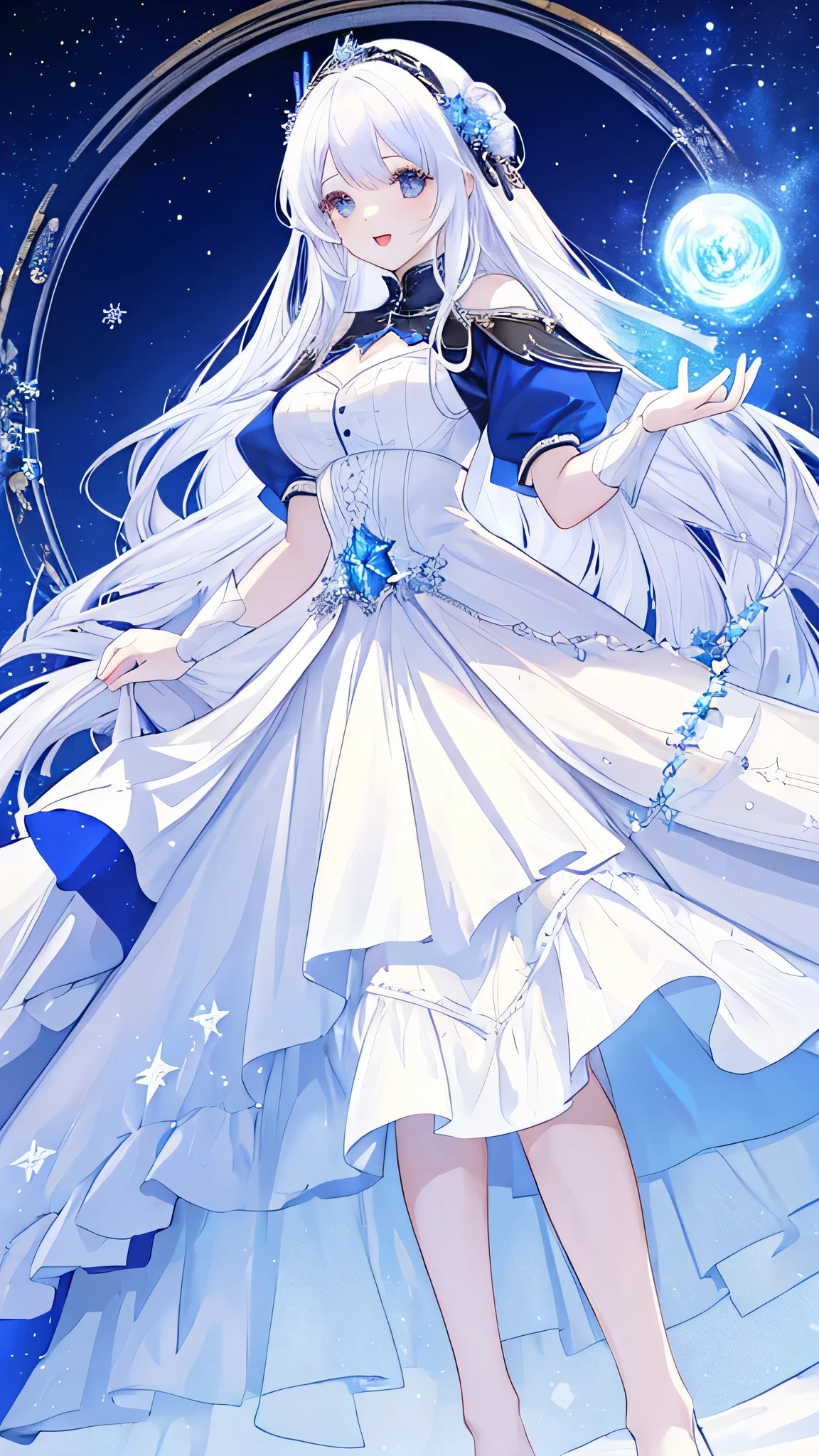 A woman in her 20s with long white hair down to her waist, wearing a dark blue wedding dress that resembles a starry night. She stands in the snow, creating a beautiful, fantastical, and radiant atmosphere. The scene is bright and luminous.