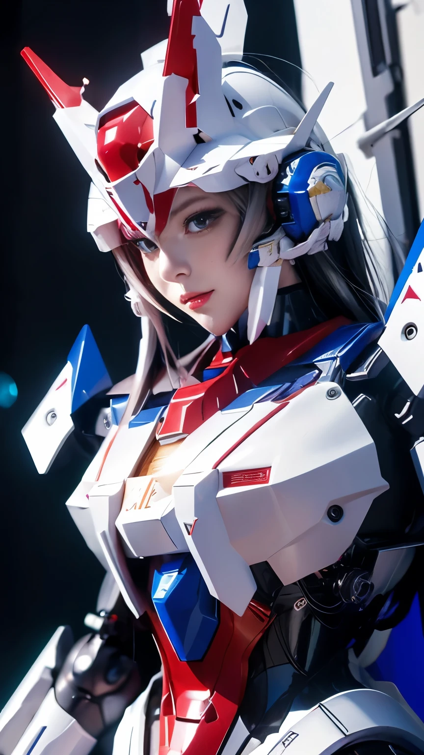 Textured skin, Super Detail, high details, High quality, Best Quality, hight resolution, 1080p, hard disk, Robot Girl,(Gundam Girl),beautiful cyborg woman,Mecha Cyborg Girl,Battle Mode,Girl with a Mecha Body,She wears a futuristic Gundam mecha,Fulll body Shot,Mobile Suit Girl