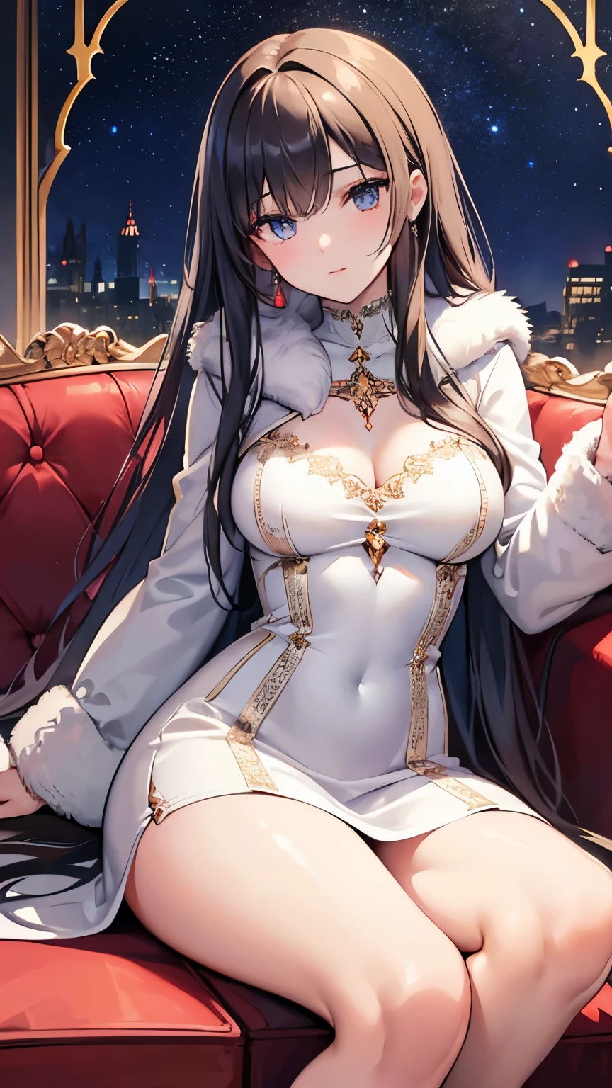 ((best quality)), ((masterpiece)), (detailed), perfect face, perfect detailed eyes, perfect detailed face, ultra-detailed nose, rich waist-length hair, silk dress, (fur coat, mink fur), red high heels, Moist eyes, Brilliance, Gorgeous women, high-class prostitutes, cowboy shot, Starry sky, Sitting on the couch