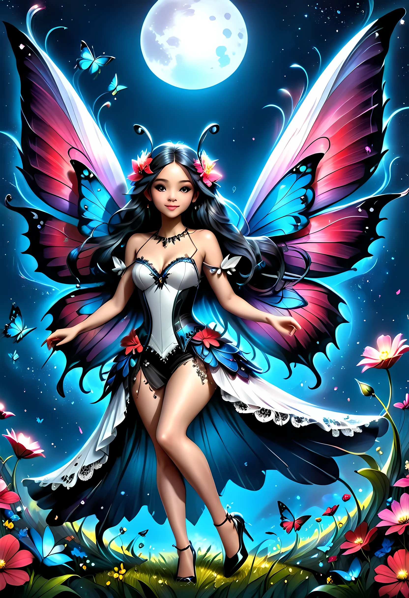 high details, best quality, 16k, RAW, [best detailed], masterpiece, best quality, (extremely detailed), full body, ultra wide shot, photorealistic, dark fantasy art, goth art, RPG art, D&D art, a picture of a dark female fairy resting in a flower meadow, extremely beautiful fairy, ultra feminine (intense details, Masterpiece, best quality), best detailed face (intense details, Masterpiece, best quality), having wide butterfly wings, spread butterfly wings (intense details, Masterpiece, best quality), dark colors wings (intense details, Masterpiece, best quality), black hair, long hair, shinning hair, flowing hair, shy smile, innocent smile, blue eyes, dark red lips, wearing ((white: 1.5)) lace dress (intense details, Masterpiece, best quality), ((white lace: 1.5)) corset (intense details, Masterpiece, best quality), dynamic elegant shirt, chocker, wearing high heels, in dark colored flower meadow (intense details, Masterpiece, best quality), (red flowers: 1.2) , (black flowers: 1.2), (white flowers: 1.2), (blue flowers: 1.3) [extreme many flowers] (intense details, Masterpiece, best quality), dark colorful flowers (intense details, Masterpiece, best quality), flower meadow in a dark goth field background, dim light, cinematic light, High Detail, Ultra High Quality, High Resolution, 16K Resolution, Ultra HD Pictures, 3D rendering Ultra Realistic, Clear Details, Realistic Detail, Ultra High Definition, lace drawing, betmd, DonMF41ryW1ng5XL
