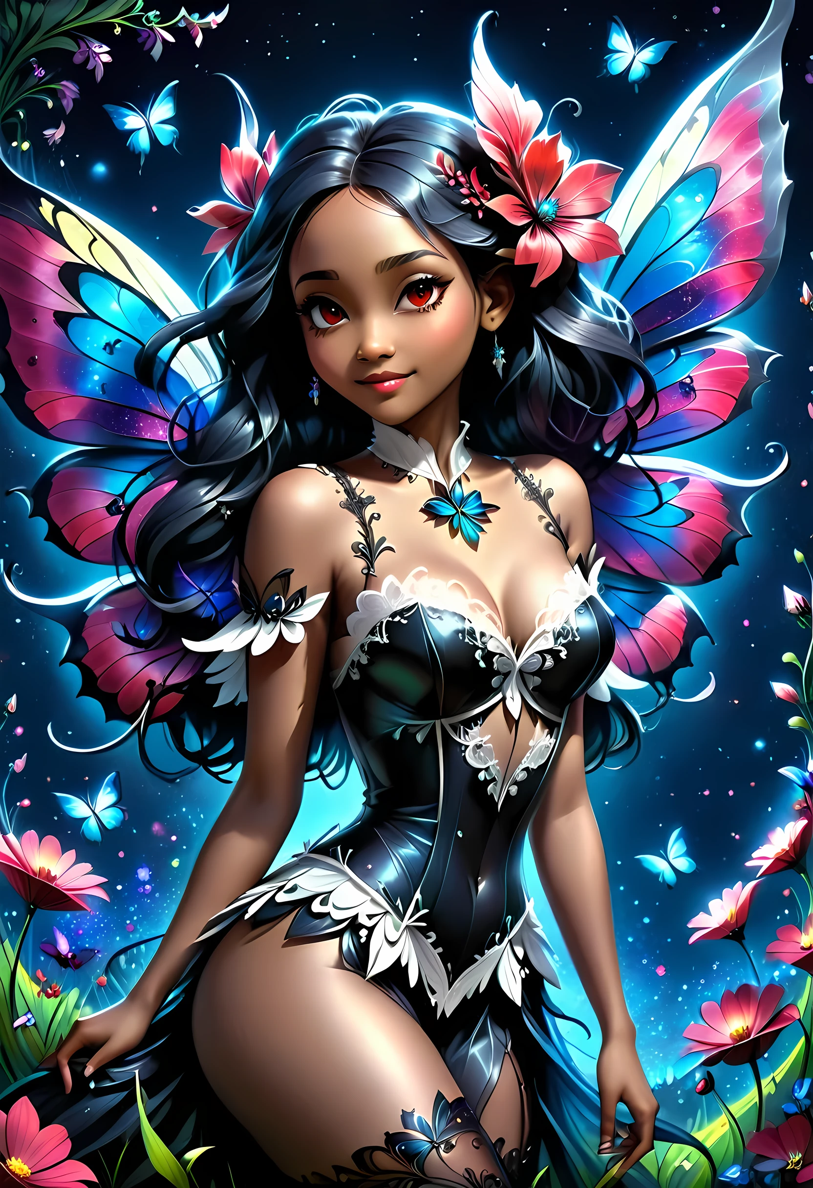 high details, best quality, 16k, RAW, [best detailed], masterpiece, best quality, (extremely detailed), full body, ultra wide shot, photorealistic, dark fantasy art, goth art, RPG art, D&D art, a picture of a dark female fairy resting in a flower meadow, extremely beautiful fairy, ultra feminine (intense details, Masterpiece, best quality), best detailed face (intense details, Masterpiece, best quality), having wide butterfly wings, spread butterfly wings (intense details, Masterpiece, best quality), dark colors wings (intense details, Masterpiece, best quality), black hair, long hair, shinning hair, flowing hair, shy smile, innocent smile, blue eyes, dark red lips, wearing ((white: 1.5)) lace dress (intense details, Masterpiece, best quality), ((white lace: 1.5)) corset (intense details, Masterpiece, best quality), dynamic elegant shirt, chocker, wearing high heels, in dark colored flower meadow (intense details, Masterpiece, best quality), (red flowers: 1.2) , (black flowers: 1.2), (white flowers: 1.2), (blue flowers: 1.3) [extreme many flowers] (intense details, Masterpiece, best quality), dark colorful flowers (intense details, Masterpiece, best quality), flower meadow in a dark goth field background, dim light, cinematic light, High Detail, Ultra High Quality, High Resolution, 16K Resolution, Ultra HD Pictures, 3D rendering Ultra Realistic, Clear Details, Realistic Detail, Ultra High Definition, lace drawing, betmd, DonMF41ryW1ng5XL
