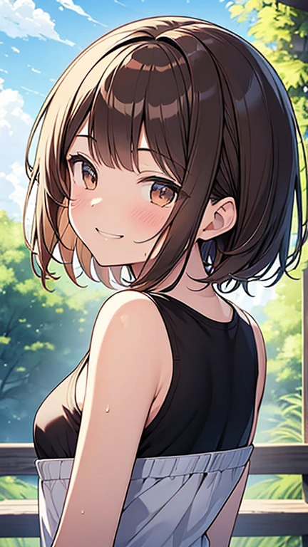 highest quality, masterpiece, Ultra-high resolution, 8k,Summer sky,early summer,((Summer clothing)),Show anime style , One, Soft Line Art, Digital Enhancement, shojo anime touch, shojo manga core, Flowing fabric, close, Soft Drawing, Ultra-Definition Digital Anime Art, Clear facial depiction, Super detailed girl cartoon character art, Ultra-detailed manga style, highest qualityの色,
(Short brown hair), Wet Hair,Staring at us from the front,Beautiful brown hair, Clear brown eyes, Slightly chubby,Small breasts,The butt is small,(((Teasing Smile))),Hands,Landscape with nature,Look up at the sky,Upper body close-up