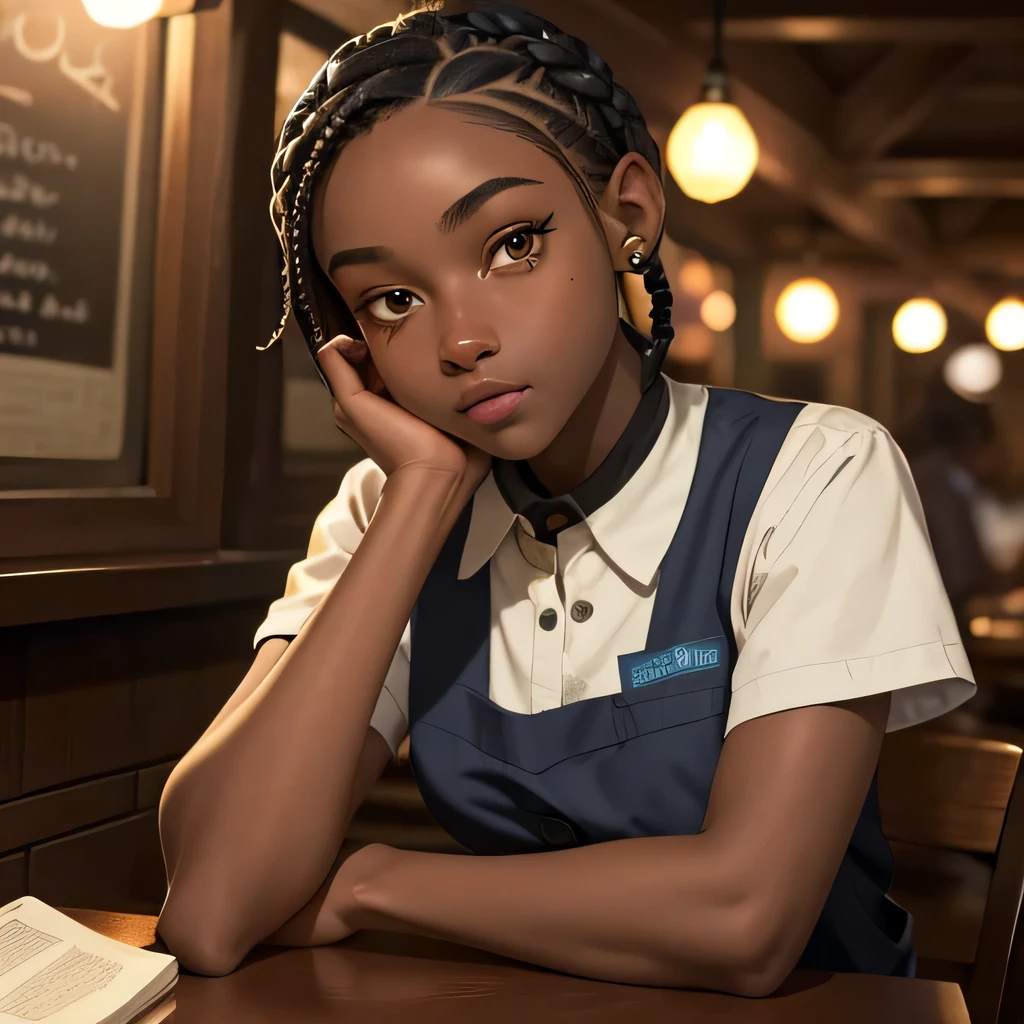 (masterpiece, best quality), deep ebony 1girl, beautiful face, short braids, tavern setting, dressed like a waitress , beautify, Lofi vibe, cute night vibe, concentrated, sitting, city wear, book over the table, hands outside of the picture,