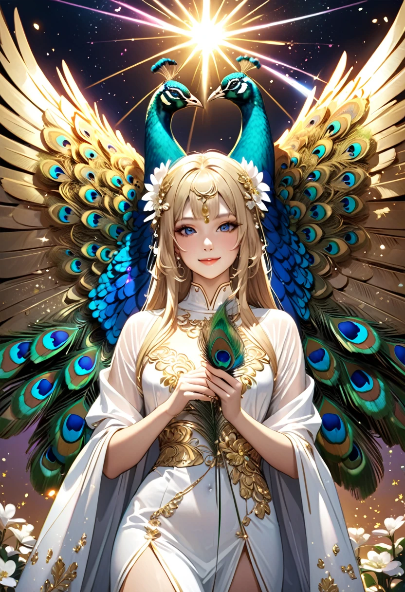 (masterpiece, best quality:1.1),
(ultra highres, ultra-detailed:1.2) ,roman girl,blonde,hair ornaments,flower pattern White Robe,(has Peacock wings), BREAK,detailed hand,Holding magical flower in hands,smile,gold aura,divine,beautiful effects,Alluring,Background:Parthenon temple,dynamic angle,(Glitter:1.5) ,(sparkle:1.5) ,