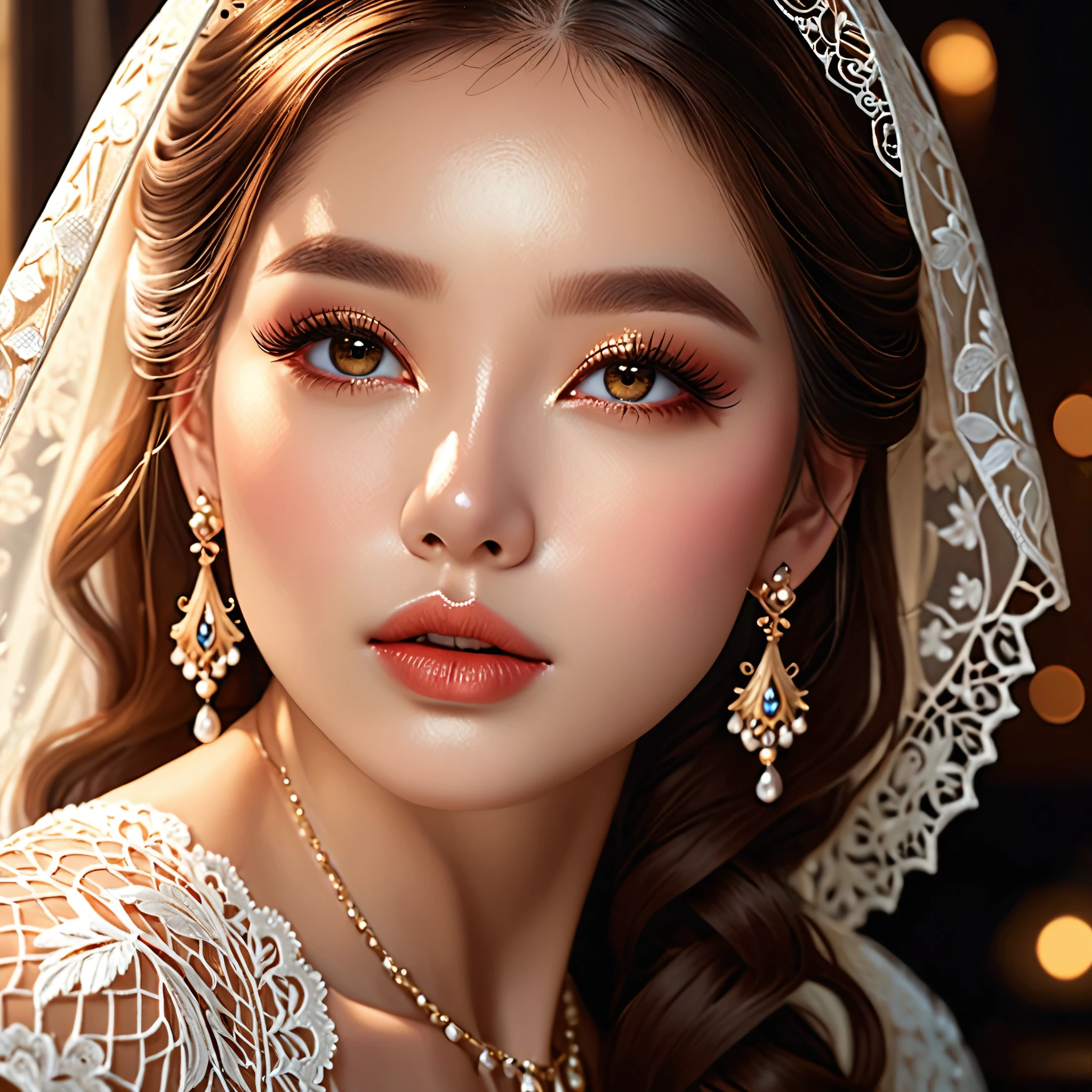 Beautiful, intricate and delicate white lace、Highly detailed white lace、White lace with a unique pattern、(highest quality、4k、8k、High resolution、masterpiece:1.2)、Super detailed、(Real、Photorealistic、Photorealistic:1.37)、Exquisite craftsmanship、Luxurious texture、ornate designs、elegant、soft、Sparkling、Shine、Shine、Iridescent、Ethereal、(1 girl)、Beautifully detailed eyes、Beautifully detailed lips、Highly detailed eyes and face、Long eyelashes、Calm expression、Graceful pose、Natural lighting、Warm Tone Palette、Chiaroscuro、Atmospheric、Cinematic