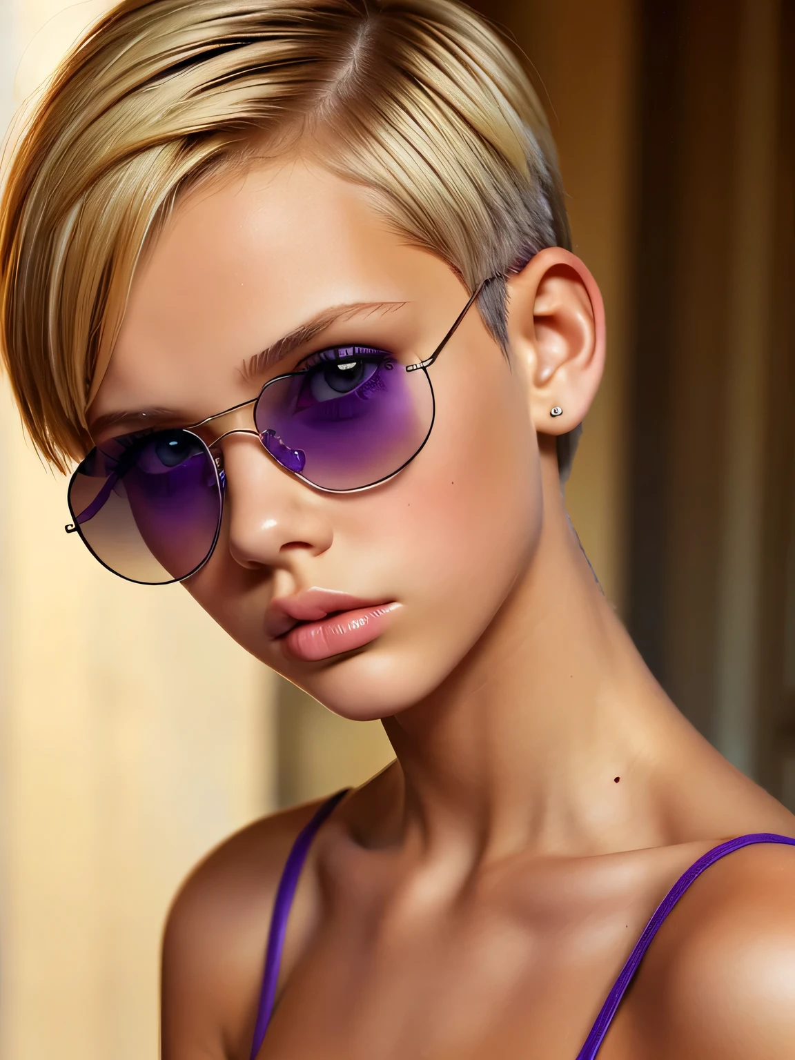 naked fully tanned 14 years old naked girl, short blonde pixie cut hair, shaved hair on right side of head, wearing purple sunglasses, big frown on face, pouty lips, small bust, riche, sunny, collier