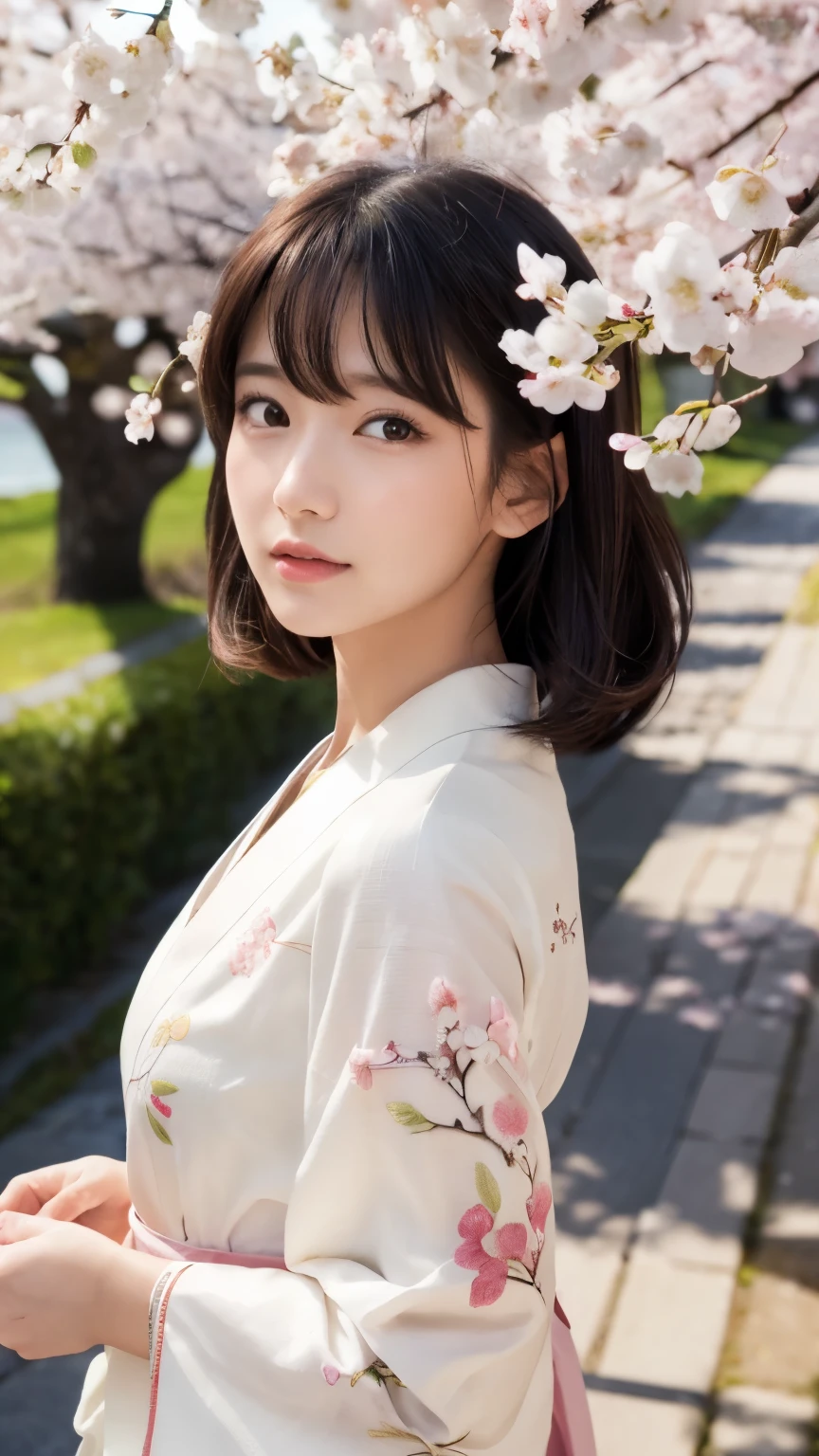(logo、masterpiece、8k、Tabletop、RAW Photos、wonderful、最high quality、Realistic、Very detailed CG 統合 8k 壁紙、high quality、Very detailed、narrative poem、Particle Effects、Dynamic Effects、Depth of written boundary、Cinematic Light、Lens flare、Ray Tracing)、Fantasy、 (1 beauty、White kimono、Japanese clothing、White cherry blossom pattern、White cherry blossom embroidery pattern、Black-haired、Beautiful Face、True Face、Beautiful details in the eyes、Beautiful Skin)、Hair flutters in Wind、Hair bounces、Pink cherry blossom tree、Petals flutter、SakuraFubuki、wonderful景色、Morning Glow、Sun in the background、Wind、god々、tooth、god話、Vast land、