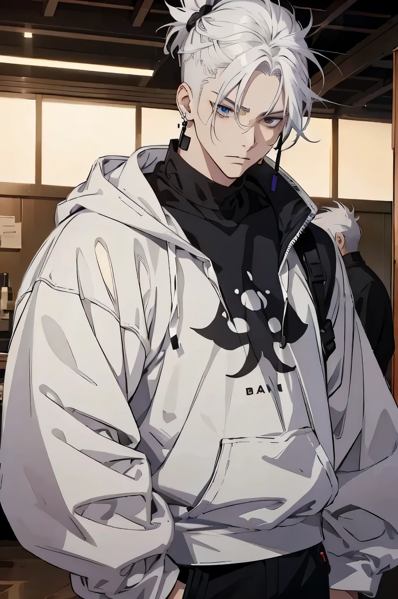 Anime man gradient young white hair low on shaved sides turns hair to the left side in the middle serious face with black earrings sweatshirt dark circles big black hair big brown hair extremely perfect eyes