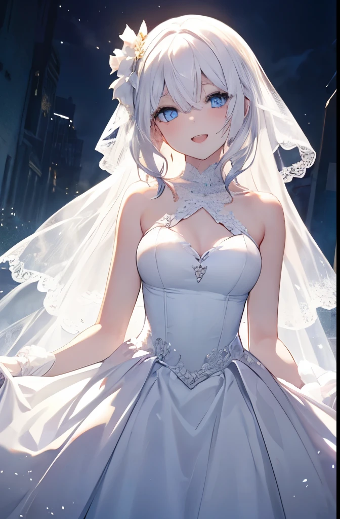 Masutepiece, Highest Quality, (Perfect face:1.1), (high detailing:1.1), (ultradetailed eyes), Dramatic,superfine illustration,Extremely detailed,1girl in,ager,(pale skin),(long white hair:1.4),Ethereal eyes,Blue eyes, With eyes highlights,Solo,Smile,Happy,Laugh,Enjoy, Open mouth,Pouty lips,Cinematic lighting, Cowboy Shot,looking for viewer, wedding dress