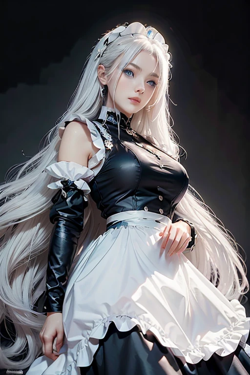 woman, (European citizenship: 1.2) Posing for photos in black and white, Girl! skirt, 动漫女孩role play, 穿着Maid装的动漫女孩, Gorgeous maid outfit, role play photo, role play, anime role play, Some cute poses, Captivating Portrait of Marvel Storm (Snow-white hair!), (The face of the goddess), (Elegant Posture: 1.4), Elegant and elegant, Noble atmosphere, (: 1.6) (shiny white hair: 1.5), (Blue eyes: 1.4), (Maid: 1.4), (Black and white maid outfit: 1.1), (Incredibly beautiful, High facial detail:1.3),