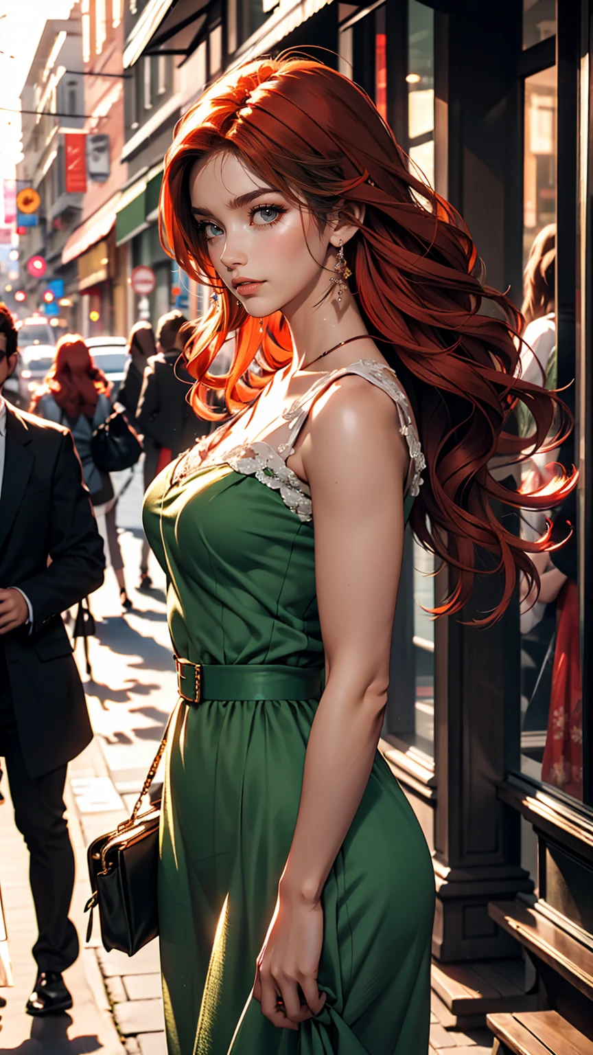 High resolution, (The finest details) (highest quality), Redhead woman with long red hair and green dress taking a photo, Mature and gorgeous, Natural light and shadow