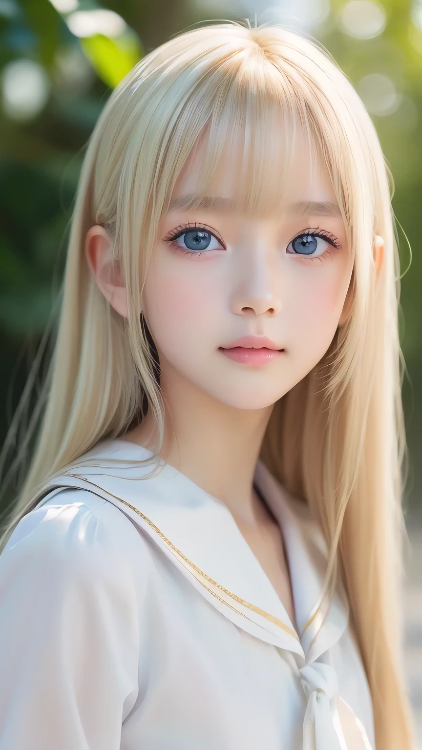 RAW Photos、((((Extremely beautiful portrait)))、(((Bright and fair skin))、1 girl、、Sailor suit、A 15-year-old pretty, bright, natural platinum blonde beauty.、((Gorgeous, natural, bright white platinum blonde))、Super long straight hair、Beautiful Bangs、[Attractive large bright blue eyes]、Smooth, thin and super long hair、Eyeliner、Hair between the eyes、smile、((masterpiece、最high quality、Ultra Detail、Film Light、Intricate details、High resolution、8k、Very detailed))、Detailed Background、8k UHD、Digital SLR、Soft Light、high quality、Film Grain、Fujifilm XT3、Shallow depth of field、Natural light、(Perfect hands)、Perfect beautiful face、Small Face Beauty、round face、Cheek gloss highlighter