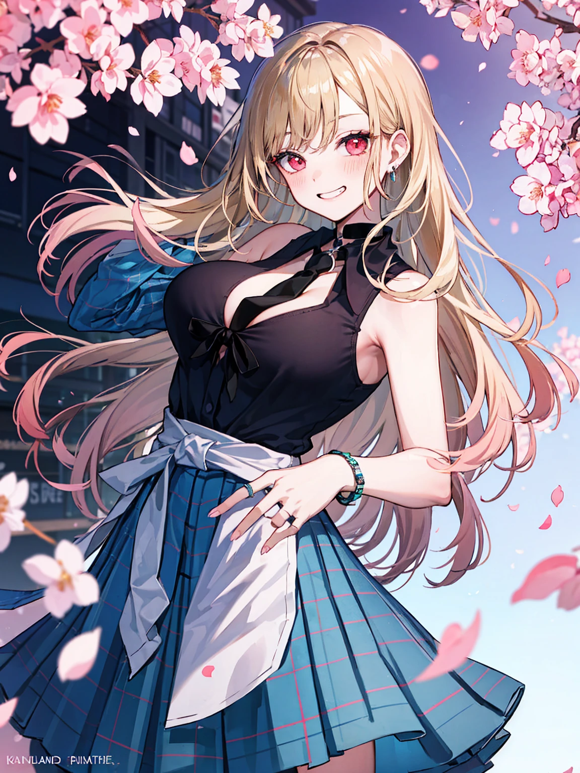 masterpiece, highest quality, whole body, ((Kitagawa Marin)), One girl, bangs, black choker, black tie, Blonde Hair, blue skirt, blush, bracelet, chest, choker, clothes The surrounding area waist, clavicle, collared shirt, Cowboy Shot, dress shirt, ear Earrings, Eyebrows visible through hair, Gradient Hair, Grin, fix, jewelry, Kogal, Long Hair, View Viewer, loose tie, tie, Earrings, Plaid, Plaid skirt, pleated skirt, Red eyes, ring, , shirt, skirt, smile, alone, white shirt, street, null, cherry blossoms, petal,figure, fashionable, woman, Vibrant, Costume, Pause, front, colorful, dynamic, background, element, have confidence, Performance, Holding, statement, accessories, Majestic, Coiled, The surrounding area, touch, scene, article, cover, bold, to attract attention, title, stylish, font, Catchy, Heading, big, impressive, Modern, trend, concentrated, fashion,((Big Breasts)), Cosplay Photo
