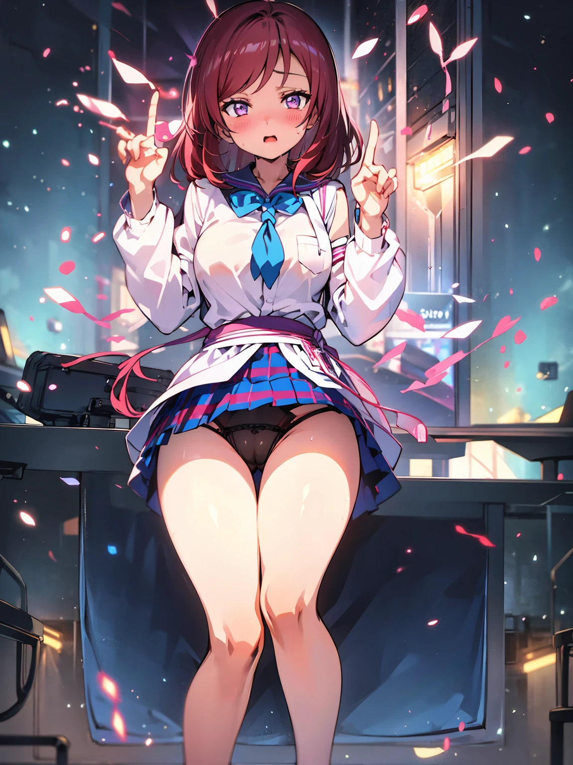 Maki Nishikino、high school girl、School、Low - Angle、Small panties、 School、Panties in full view、Spread your legs、Very short pleated skirt、Tight panties、Beautiful woman、Very thick thighs、Unbuttoned shirt、Acme Face、orgasm、Best image quality、High resolution、masterpiece、super high quality、Spread your legs、Thick pubic hair、絶叫orgasm顔、Very big ass、Very large breasts 、Blushing、4K quality、Blushing、Cry of ecstasy、Sweaty all over、Heavy breathing、Cowboy Shot、Cowboy Shot、{highest quality}, {so beautiful}, {Very detailed}, {Best illustrations}, Browsing Caution,