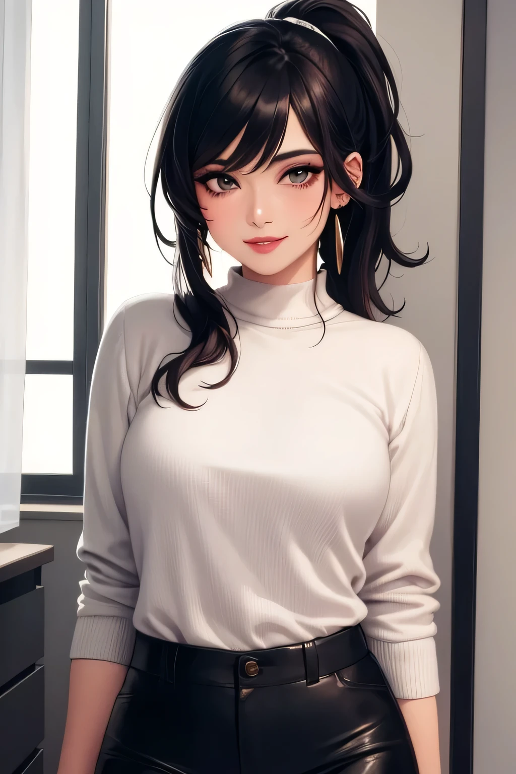 Amazing portrait of a sexy woman with a beautiful face and beautifully detailed eyes and beautifully detailed lips all emphasized by some sexy makeup wearing a dark green sweater and cream cargo pants paired with some earrings with her long black hair in a cute ponytail with her soft lips parted in a smile as she's blushing intensely with a seductive gaze having a medium chest and a perfect body