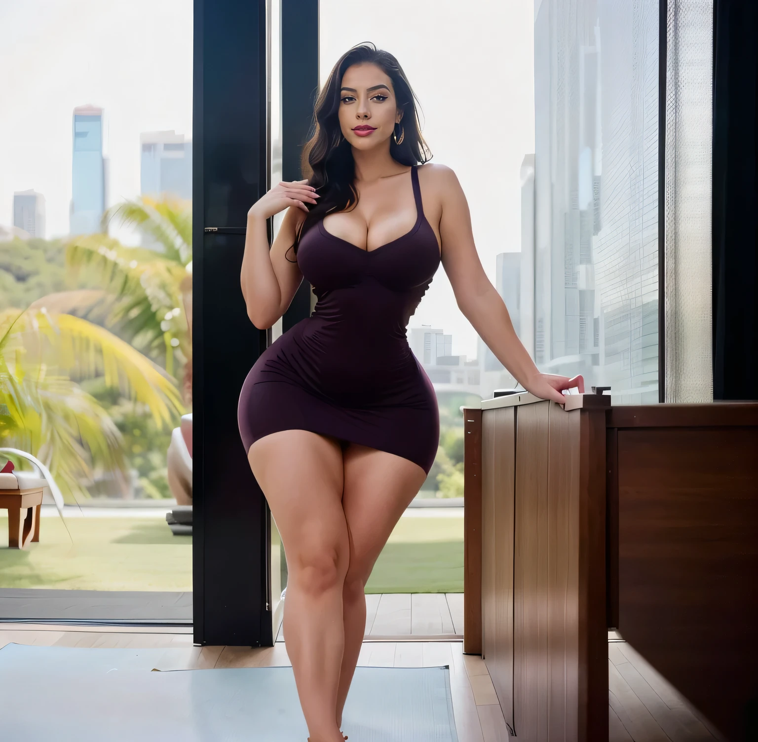 hyper realistic,arafed women,a picture by Adrian Zingg, reddit, arabesque,((flat waist)),((big boobs)),((wide hips)), ((tight short yoga dress:1.4)),((photoshoot)),((backround of luxury home)),blurry background,anna nikonova aka new milky, angelawhite, wearing lipstick,lips closed,sexy earrings,fit,(((fit, booty:1.3))),((wearing butt lifitng:1.3)),curvy hips,((long legs)), slilm body,((big hips)),makeup as a jessica rabbit,stunning girl,black hair,ponytail,looking at camera,detailed face,showing curve,((sexy smile)),real photography,fujifilm superia,full HD,