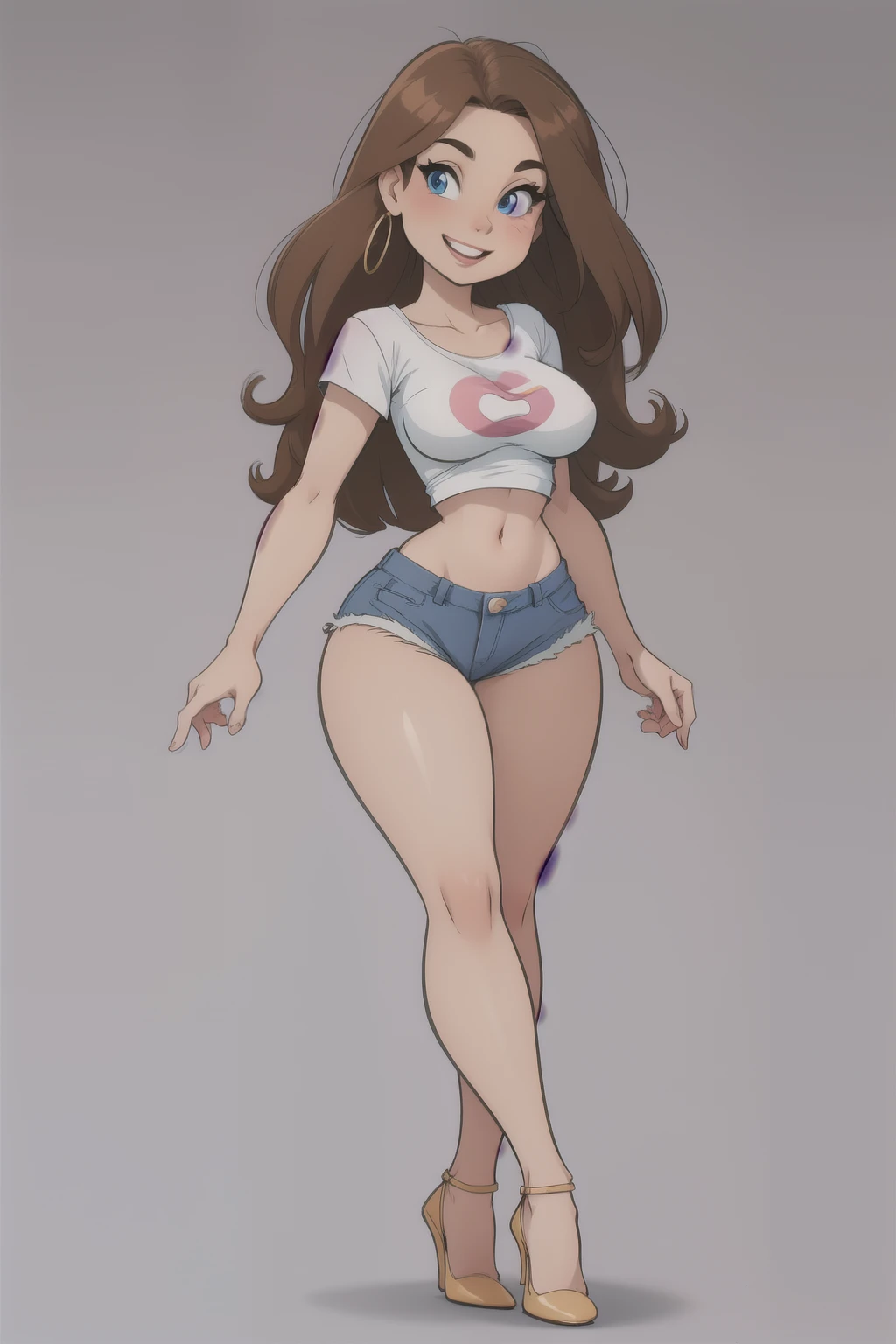 1girl as cartoon character, long hair, brown hair, perfect hands, high heels, blue eyes, large breasts, wide hips, white top, denim short shorts, smile, half body