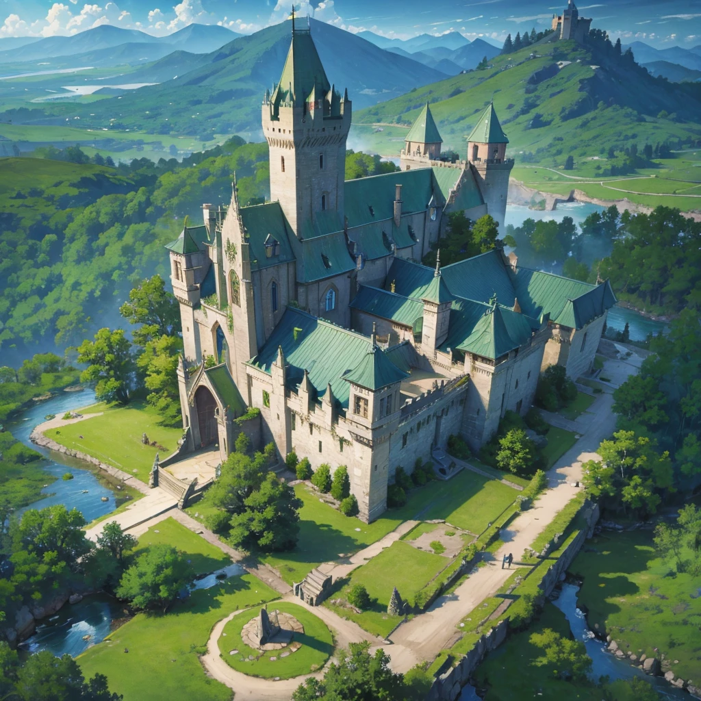 A High-elf large castle with green forest and small river around it, Tower defense, Watcher Tower, Arrow Tower, Barrier around castle,