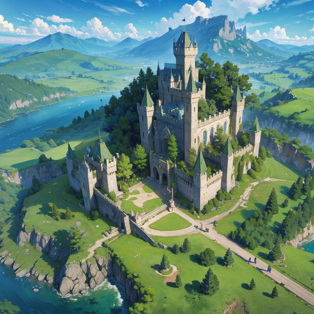 A High-elf large castle with green forest and small river around it, Tower defense, Watcher Tower, Arrow Tower, Barrier around castle,