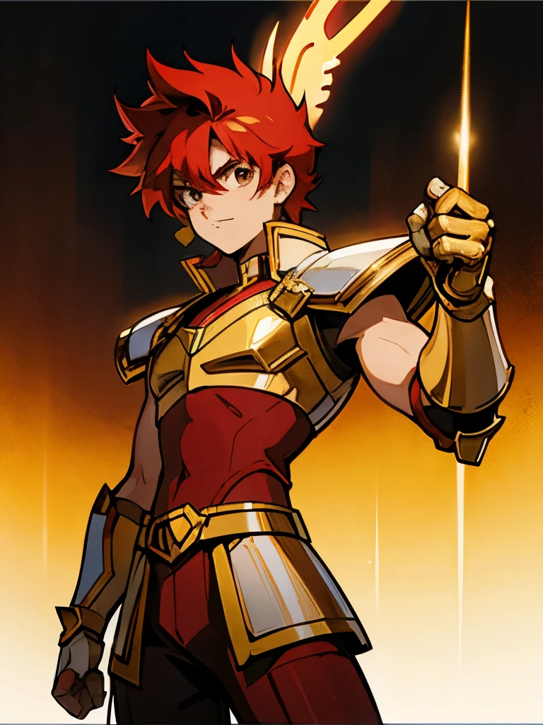 Redhead teenage man, brown eyes, spiky hair, gold armor of the sign of Sagittarius, anime cover, 