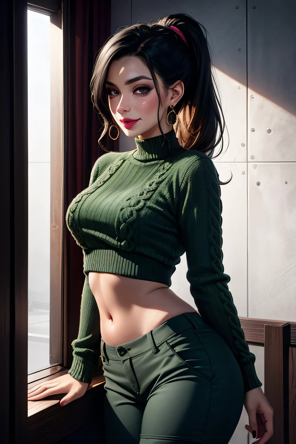 Amazing portrait of a sexy woman with a beautiful face and beautifully detailed eyes and beautifully detailed lips all emphasized by some sexy makeup wearing a dark green sweater and cream cargo pants paired with some earrings with her long black hair in a cute ponytail with her soft lips parted in a smile as she's blushing intensely with a seductive gaze having a medium chest and a perfect body