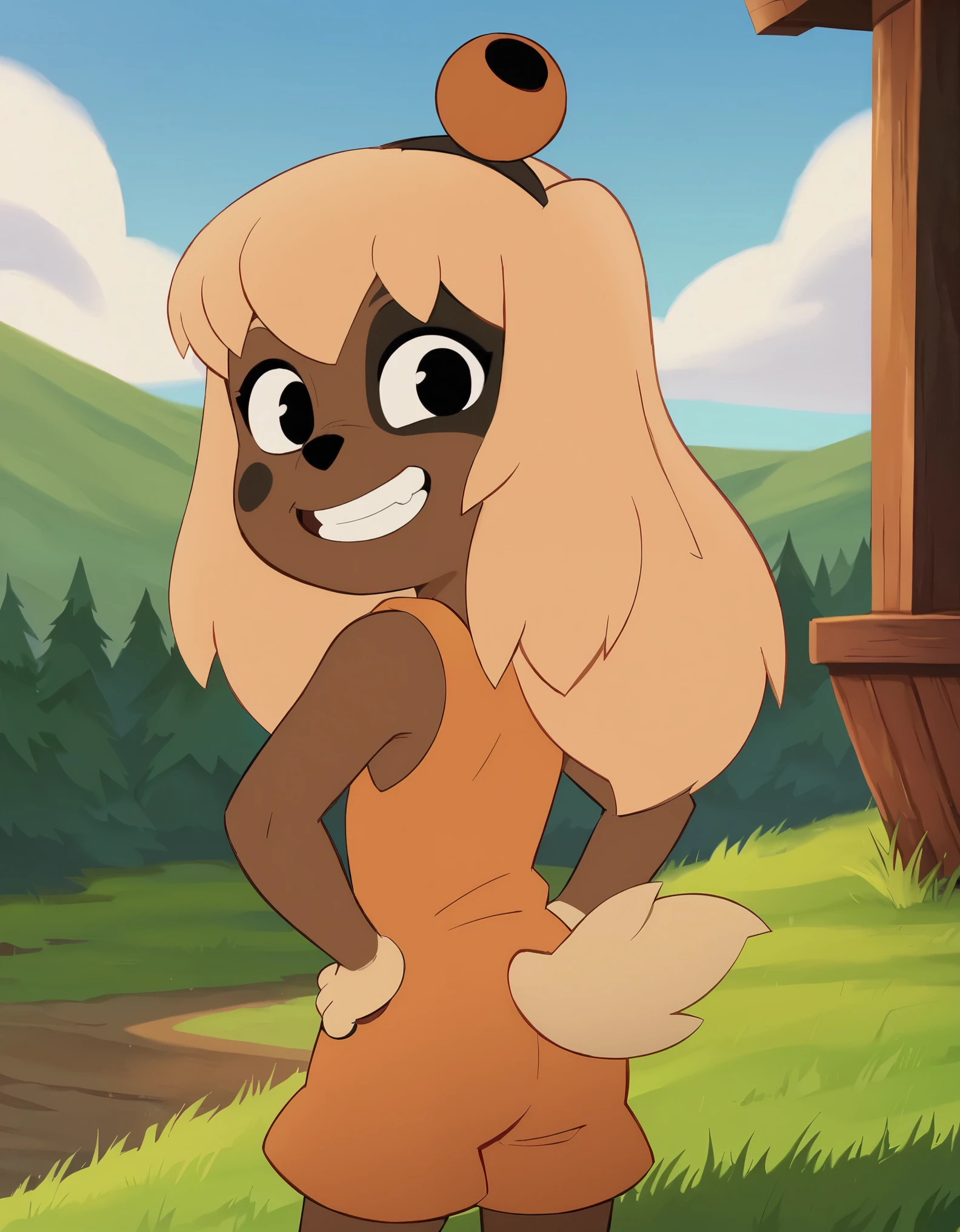 lilotte, solo, girl, dog ears, long hair, furry female, dog tail, barefoot, looking at viewer,  blonde hair, black eyes, full body, standing, smile, upper body, sleeveless,  orange overalls,  outdoors, bell, dog girl, holding,  animal nose, grin,teeth, hands on hips,  paw pads, from behind, open mouth, closed mouth,  closed eyes, indoors, sky, day, blue sky, food, cloud, grass,