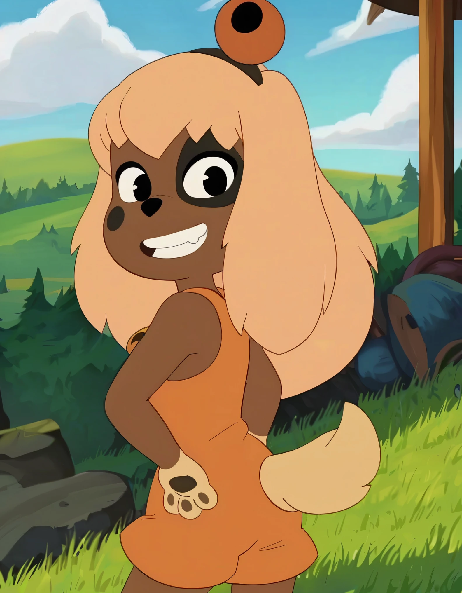 On top of a building, tall building, rainy weather ,lilotte, solo, 1girl, furry female, long hair, dog ears, black eyes, dog tail, orange overalls, blonde hair, outdoors, dog girl, smile, looking at viewer, hand on own hip, cowboy shot,, score_9, score_8_up, score_7_up, score_6_up, score_5_up, score_4_up