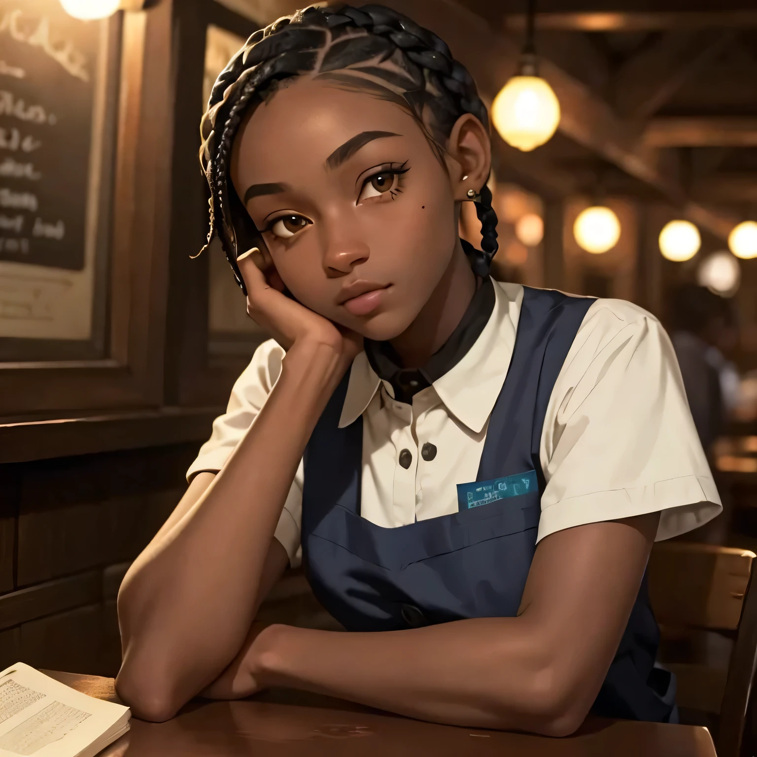 (masterpiece, best quality), deep ebony 1girl, beautiful face, short braids, tavern setting, dressed like a waitress , beautify, Lofi vibe, cute night vibe, concentrated, sitting, city wear, book over the table, hands outside of the picture,