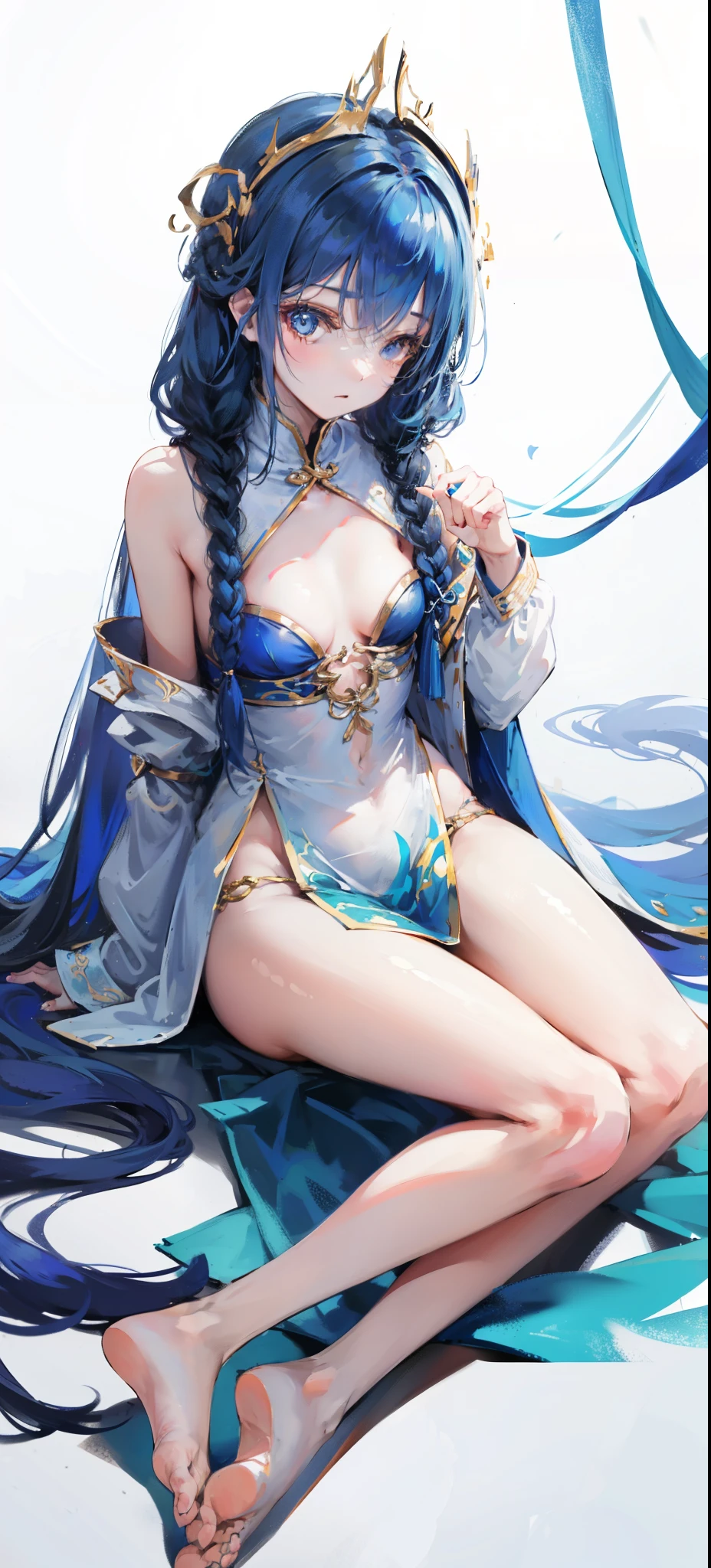 Blue long hair，Scorpion-tailed braids，Put on the clothes of the little dance of Douluo Continent，Is a beautiful and sweet girl Koser，（whole body）