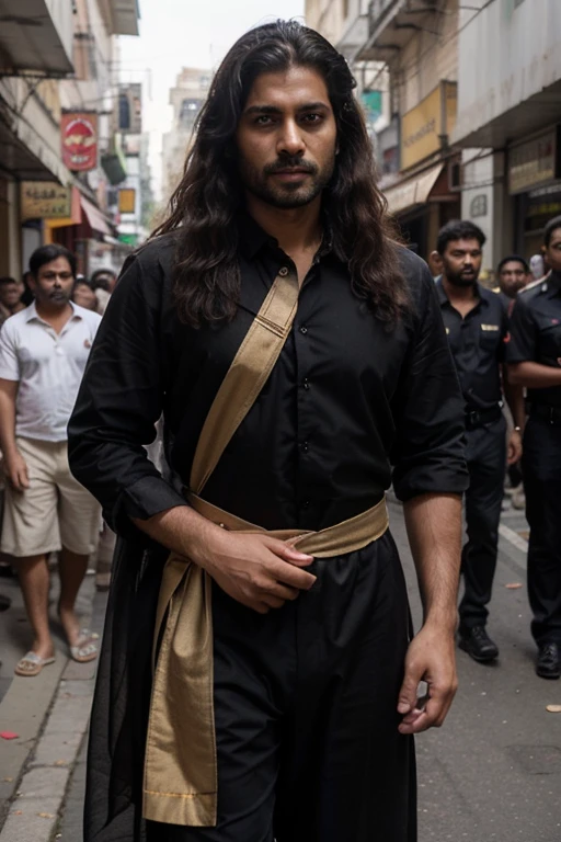 ((best quality)), ((masterpiece)), (detailed), perfect face
A South Indian handsome man with long curly hair whose attire is black kameez and black golden border lungi
And 10 personnel bodyguard are standing behind him.