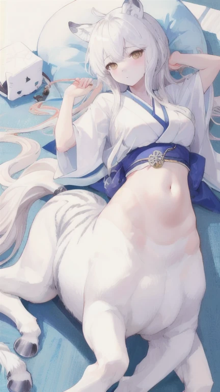 (best quality, masterpiece), 1 girl, centaur, It takes, White skin, Japanese , belly button t-shirt, 아름다운 소녀 perfect white tiger photo, perfect white tiger photo