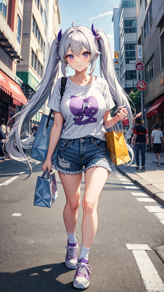 best quality, masterpiece, , ,short, huge breasts, white hair,low twintails, purple eyes, yukine chris, thin twintails, (((shy))), (happy), wearing a anime T-shirt, blue denim shorts, denim jacket, long socks and sneakers, holding a shopping bag in her arms, walking in the city