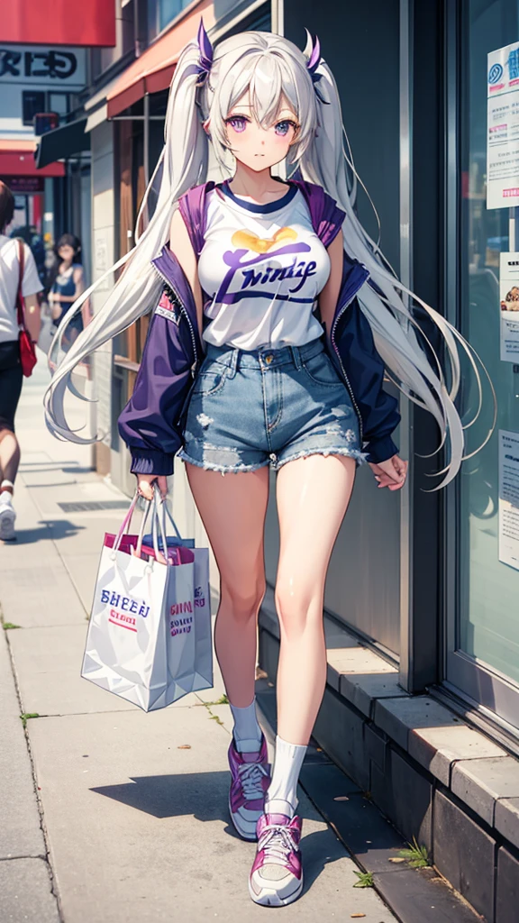 best quality, masterpiece, , ,short, huge breasts, white hair,low twintails, purple eyes, yukine chris, thin twintails, (((shy))), (happy), wearing a anime T-shirt, blue denim shorts, denim jacket, long socks and sneakers, holding a shopping bag in her arms, walking in the city