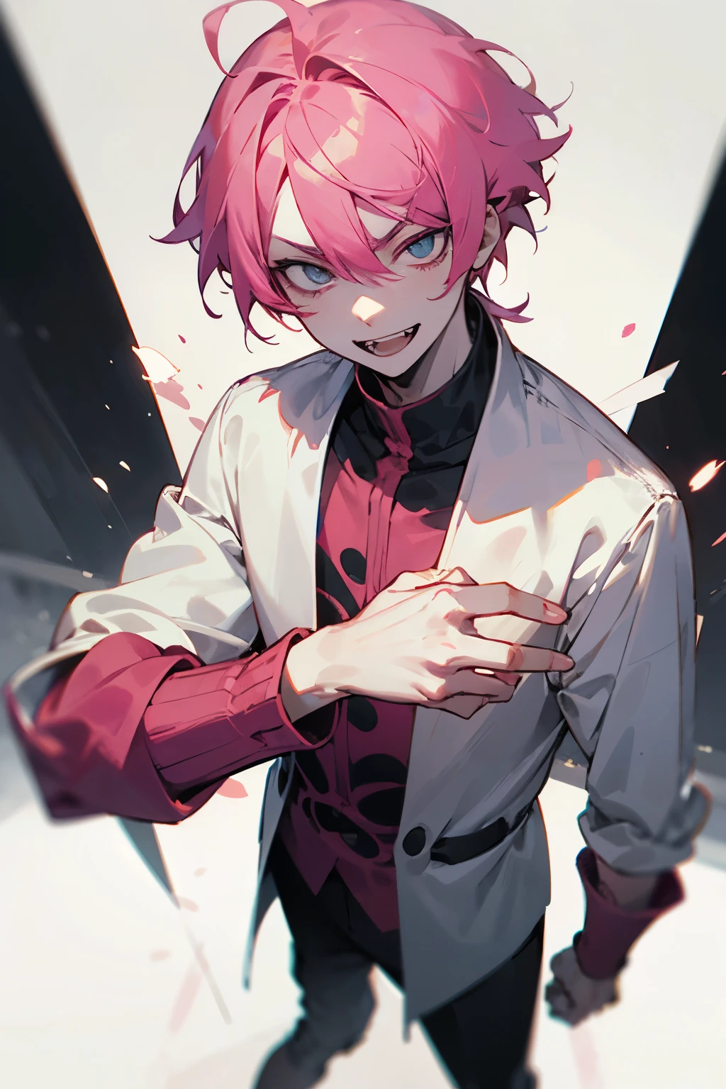 Shocking pink hair, short hair, boy, slanted eyes, grinning, sullen eyes, pale skin, double teeth, standing picture 