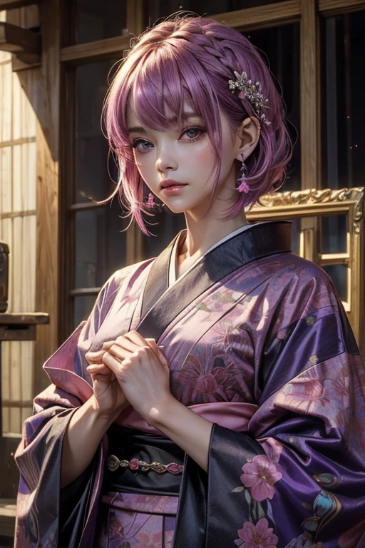 ((top-quality、masterpiece:1.3))、sharp:1.2、Perfect Body Beauty:1.4、((Layered hairstyle))、deep v (Kimono:1.1)、(shrines:1.2)、Highly detailed facial and skin texture、Detailed eye、double eyelid、((short-length hair))、boyish、Cool、((unisex))、big eye、 big bangss、((One Woman))、Black eyes、tying hair、hair adornments、pink purple hair color