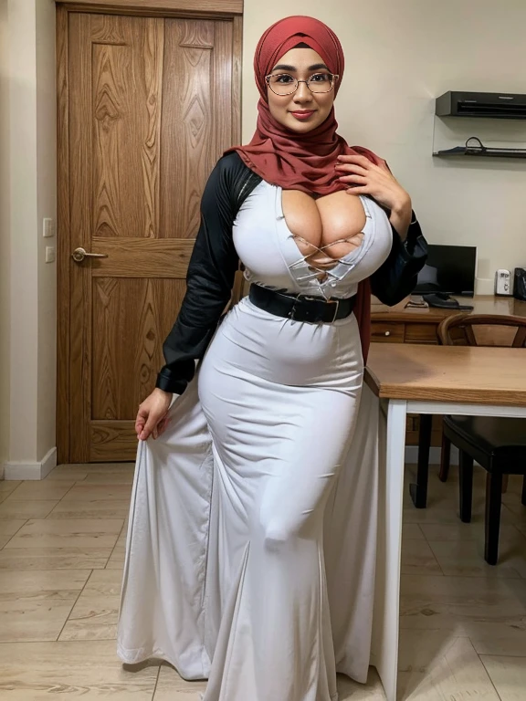 (double exposure), (full body photo), A gorgeous matured teacher stand behind white board,((35 year old)), ((malay women)), slightly curvy fit body shape, bigger ass, giga_busty, huge thighs, wearing ((fitted abaya muslim long dress)), ((hijab)), smirk on camera, indoor,door,islamic style,arabic calyraphy,wall,,  pov, solo, single,  (SFW), texture, ultra high res, RAW, instagram LUT, masterpiece, best quality, ultra-detailed, ultra high resolution, RAW, 4k, (looking at viewer), extremely detailed eyes and face, (beautiful detailed nose), (beautiful detailed thigh), (beautiful detailed eyes), perfect body proportion, (looking at the camera),smirk, red lips, (she wear square glasses)