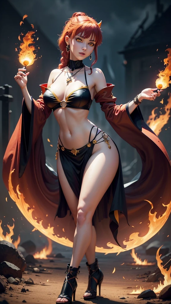 8k, masterpiece, best quality, highly detailed, 1girl, tiefling, warlock, solo, red hair, yellow eyes , earrings, necklace, navel piercing, sexy outfit, mole, glamorous, red and yellow clothing, villainy, smirk, seductive pose, close ups view, rings, looking at viewer, standing, high heels, fantasy world, night-time, crescent moon, red and yellow coloured flames, burning scenario, casting fire spell, fires.